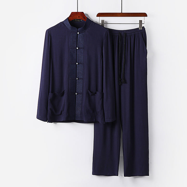Men's Traditional Cotton Loungewear Set with Stand Collar, Knot Buttons and Drawstring Pants Mune Fashion