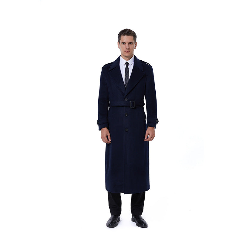 Men's Floor-Length Wool Blend Overcoat with Narrow Shawl Collar and Textured Weave Optics Mune Fashion