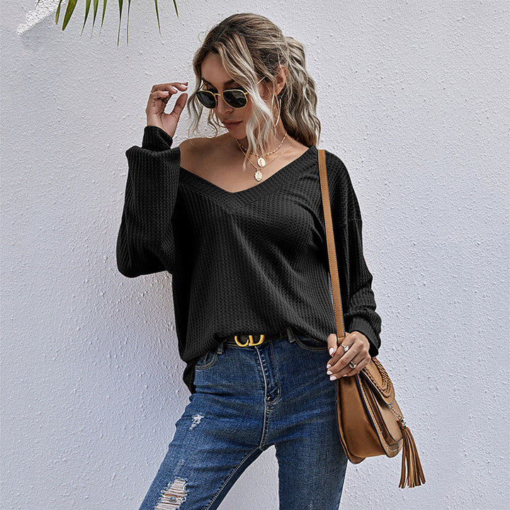Women's Waffle Knit Long Sleeve with V-Neck and Dropped Shoulder Mune Fashion