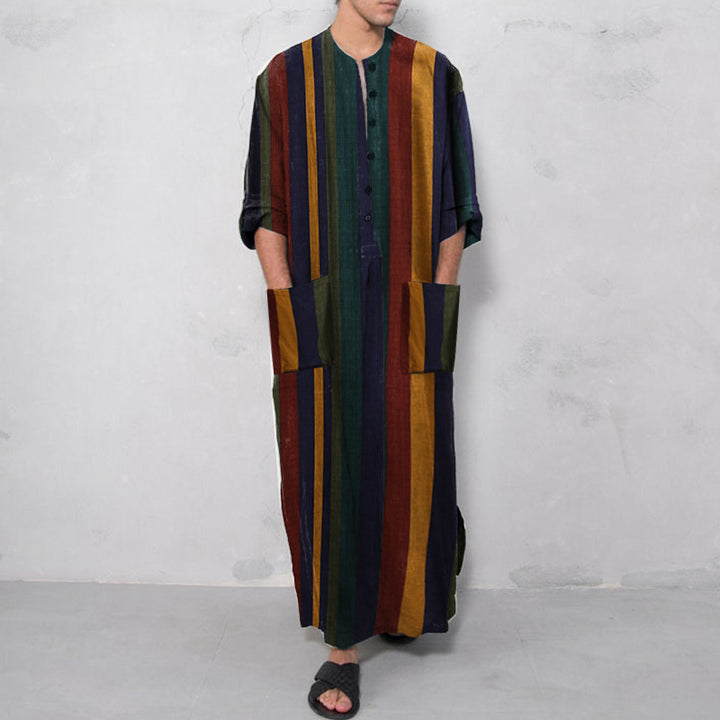 Women’s loose maxi linen dress with full button placket, round neckline, and patch pockets Mune Fashion