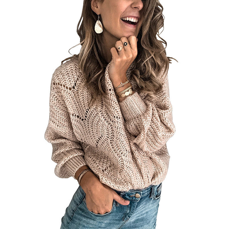 Women's Oversize Chunky Knit Sweater with Lace Pattern and Wide Round Neckline Mune Fashion
