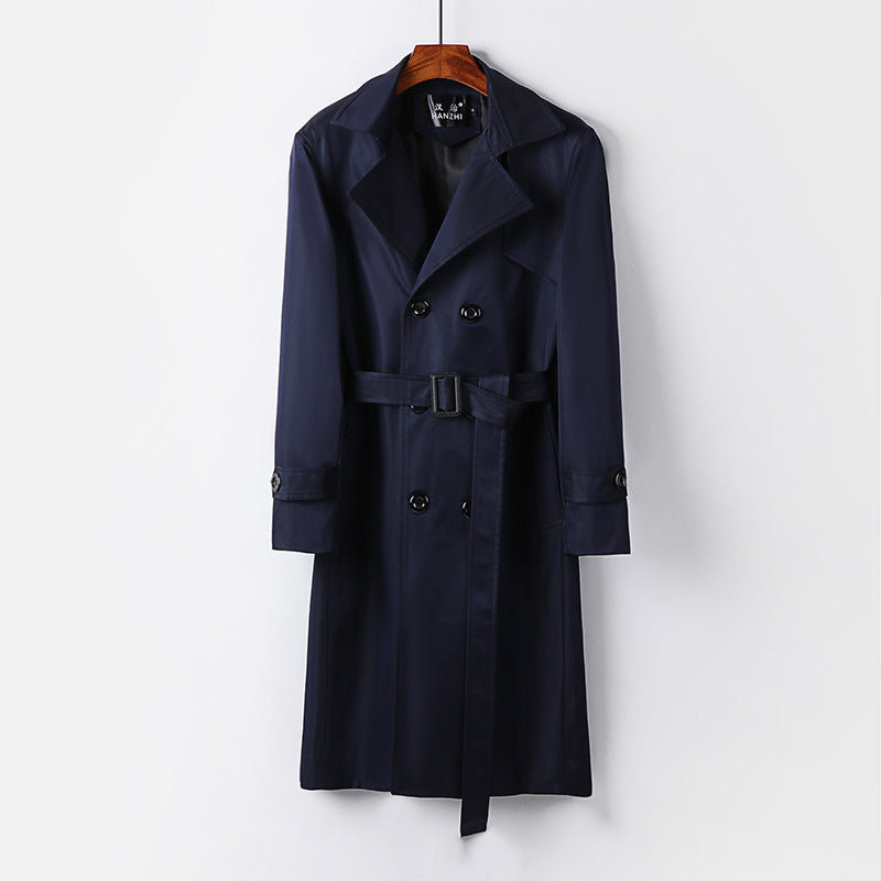 Men's trench coat with double-breasted button placket, waist belt, and classic lapel Mune Fashion