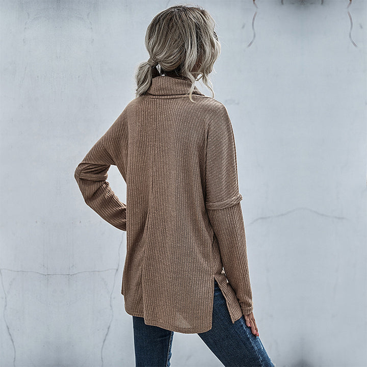 Women's Ribbed Fine Knit Long Sleeve with Roll Neck, Side Slits and Extended Back Mune Fashion
