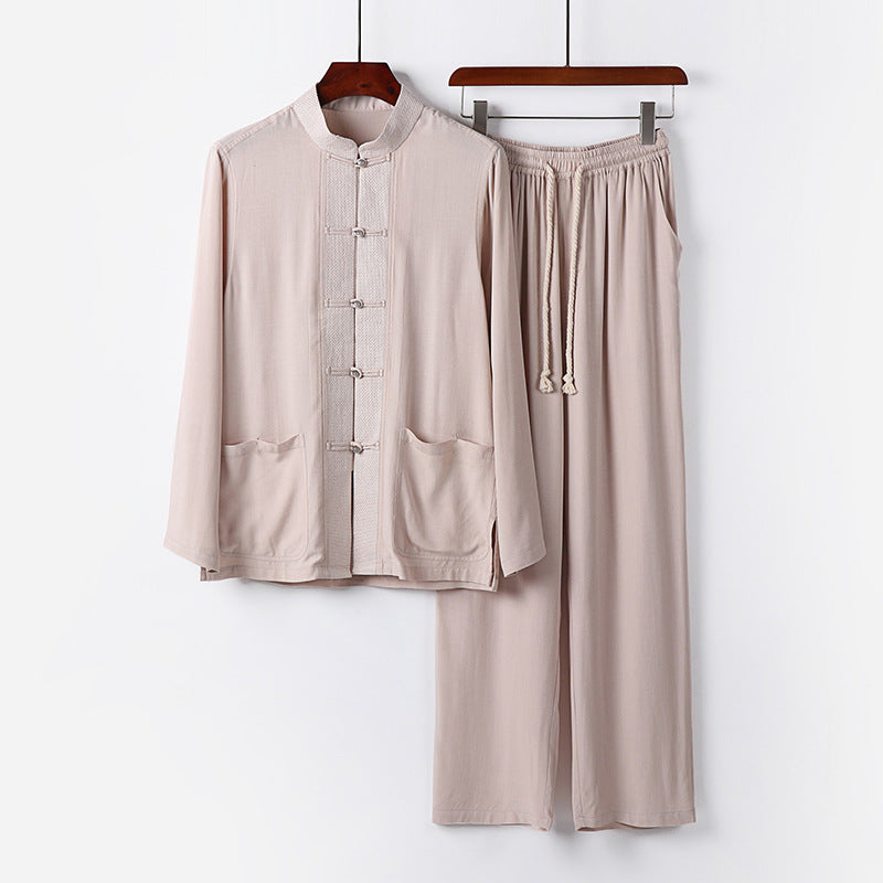 Men's Traditional Cotton Loungewear Set with Stand Collar, Knot Buttons and Drawstring Pants Mune Fashion