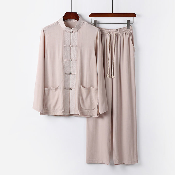 Men's Traditional Cotton Loungewear Set with Stand Collar, Knot Buttons and Drawstring Pants Mune Fashion