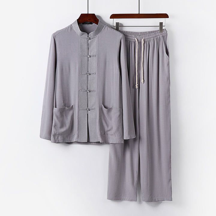 Men's Traditional Cotton Loungewear Set with Stand Collar, Knot Buttons and Drawstring Pants Mune Fashion