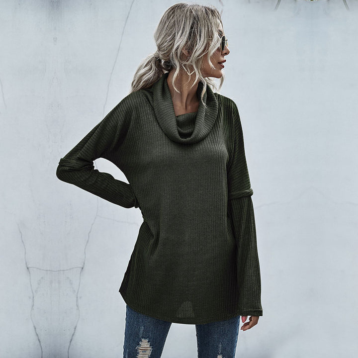 Women's Ribbed Fine Knit Long Sleeve with Roll Neck, Side Slits and Extended Back Mune Fashion