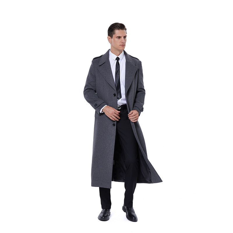 Men's Floor-Length Wool Blend Overcoat with Narrow Shawl Collar and Textured Weave Optics Mune Fashion