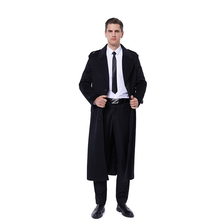 Men's maxi length coat made of wool blend with tie belt, epaulettes and classic lapels Mune Fashion