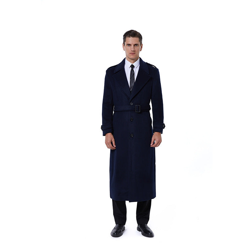 Men's Single-Breasted Maxi-Length Wool Coat with Belt and Epaulettes Mune Fashion