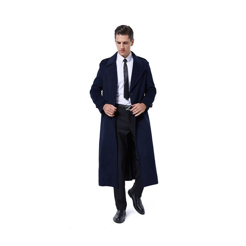 Men's Single-Breasted Maxi-Length Wool Coat with Belt and Epaulettes Mune Fashion