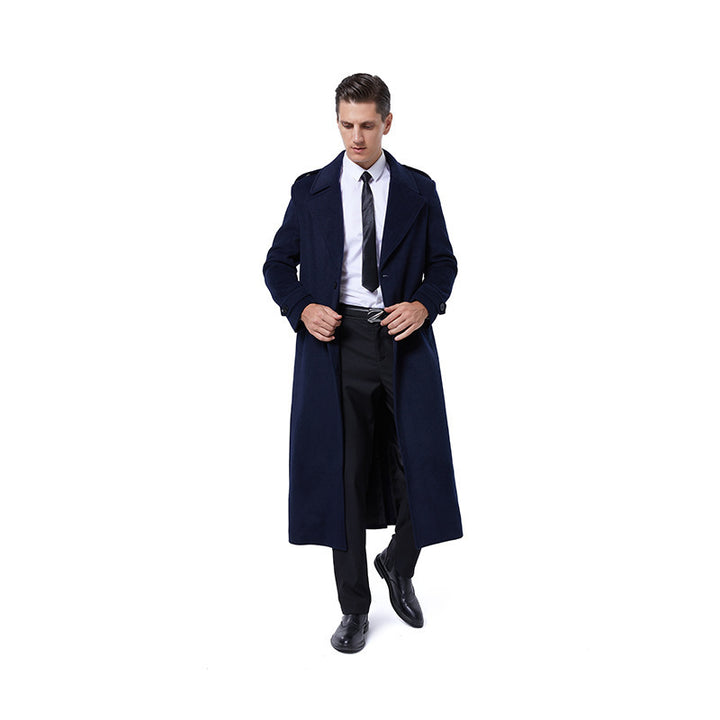 Men's Single-Breasted Maxi-Length Wool Coat with Belt and Epaulettes Mune Fashion
