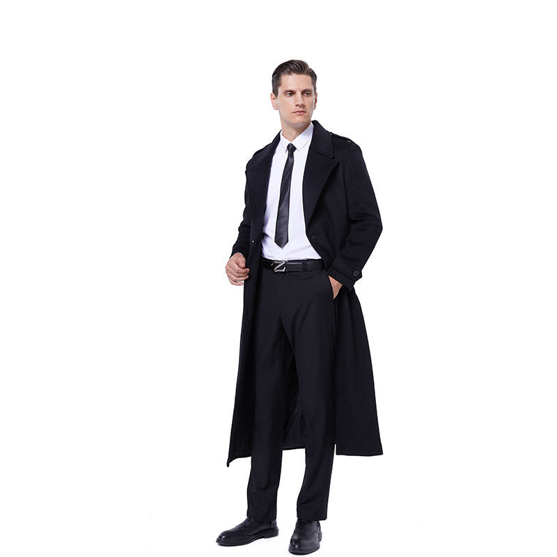 Men's Single-Breasted Maxi-Length Wool Coat with Belt and Epaulettes Mune Fashion