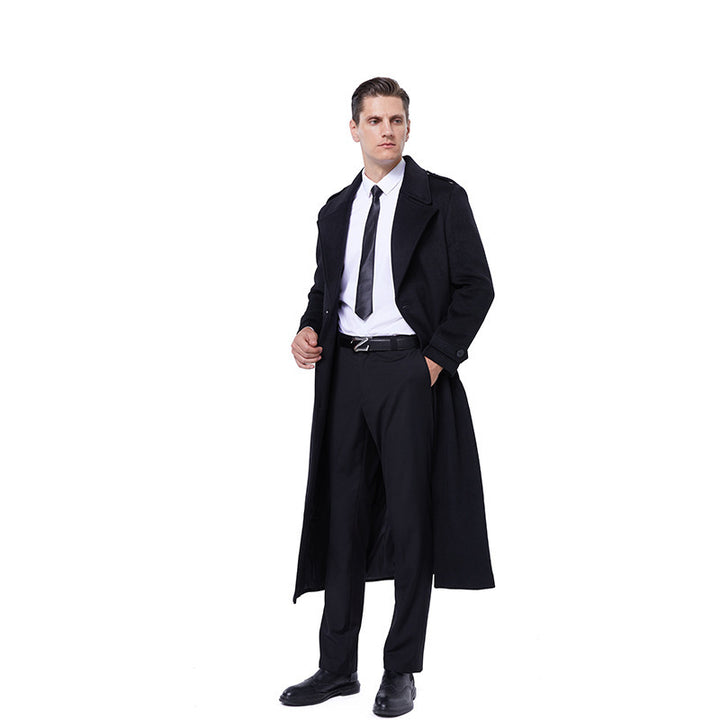 Men's Single-Breasted Maxi-Length Wool Coat with Belt and Epaulettes Mune Fashion