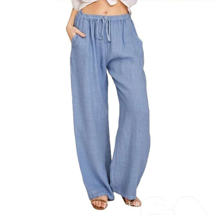 Women's relaxed linen pants with elastic waistband, drawstring, and side pockets Mune Fashion