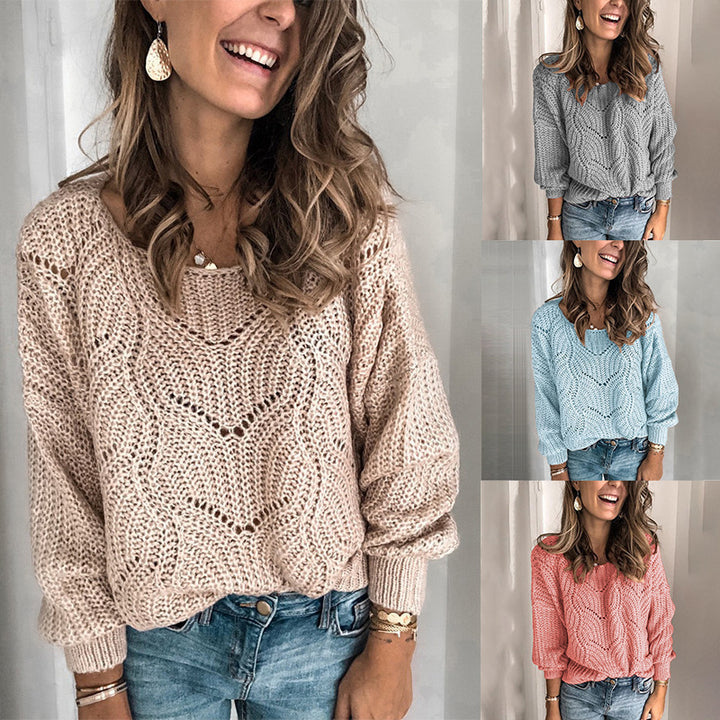 Women's Oversize Chunky Knit Sweater with Lace Pattern and Wide Round Neckline Mune Fashion