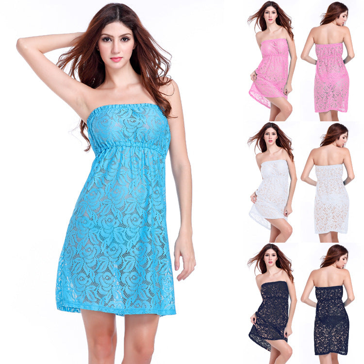 Women Strapless Lace Dress Mune Fashion