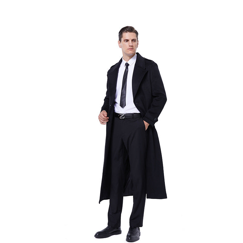 Men's maxi length coat made of wool blend with tie belt, epaulettes and classic lapels Mune Fashion