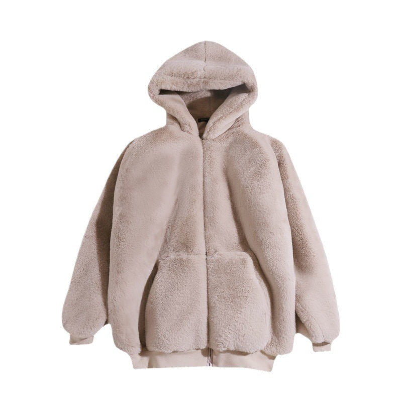 Long women's faux fur coat with hood