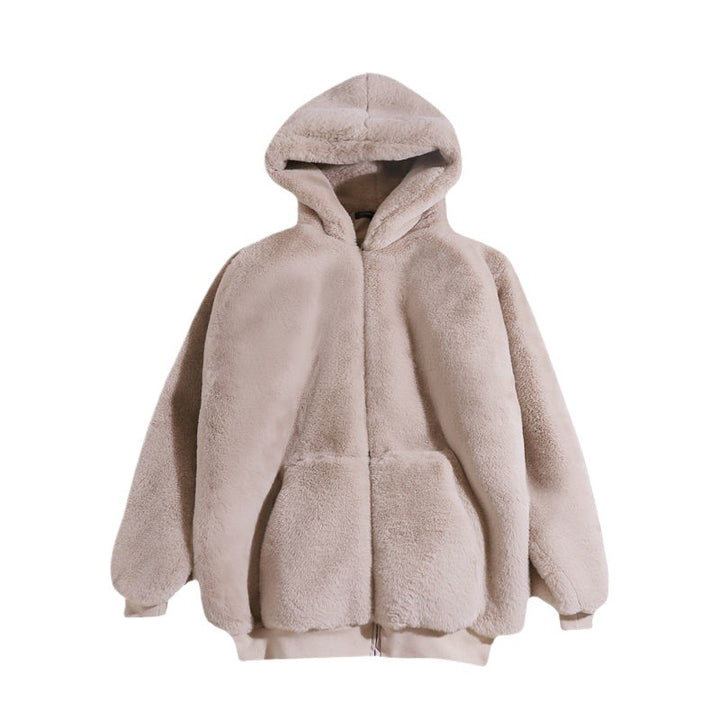 Long women's faux fur coat with hood