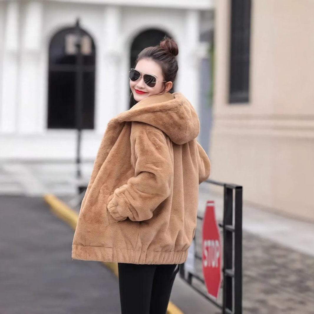 Fluffy hooded coat in rabbit fur look