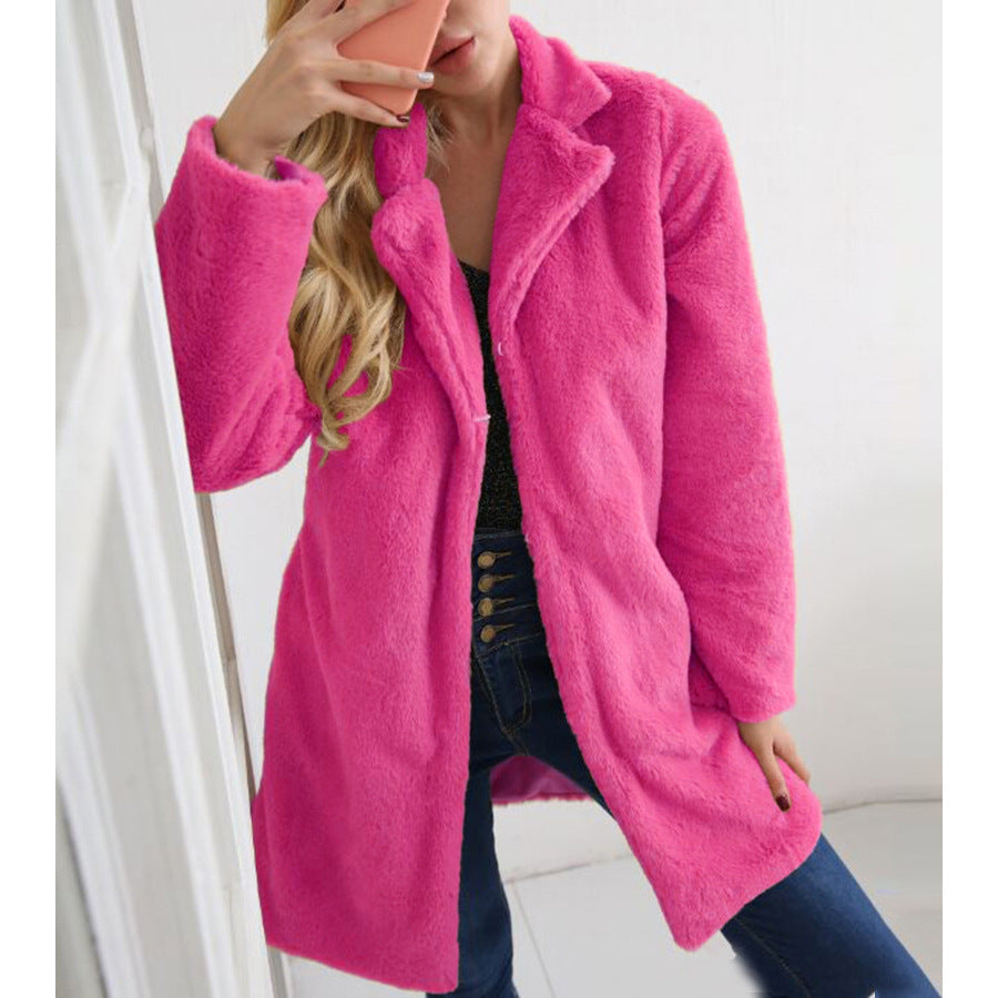 Long women's faux fur coat with lapel collar