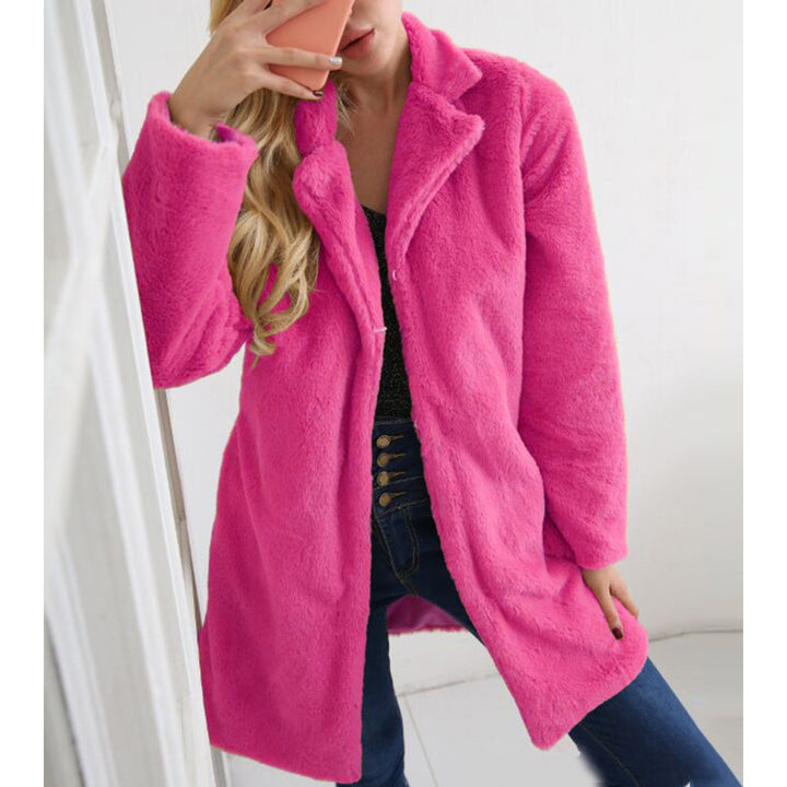 Long women's faux fur coat with lapel collar
