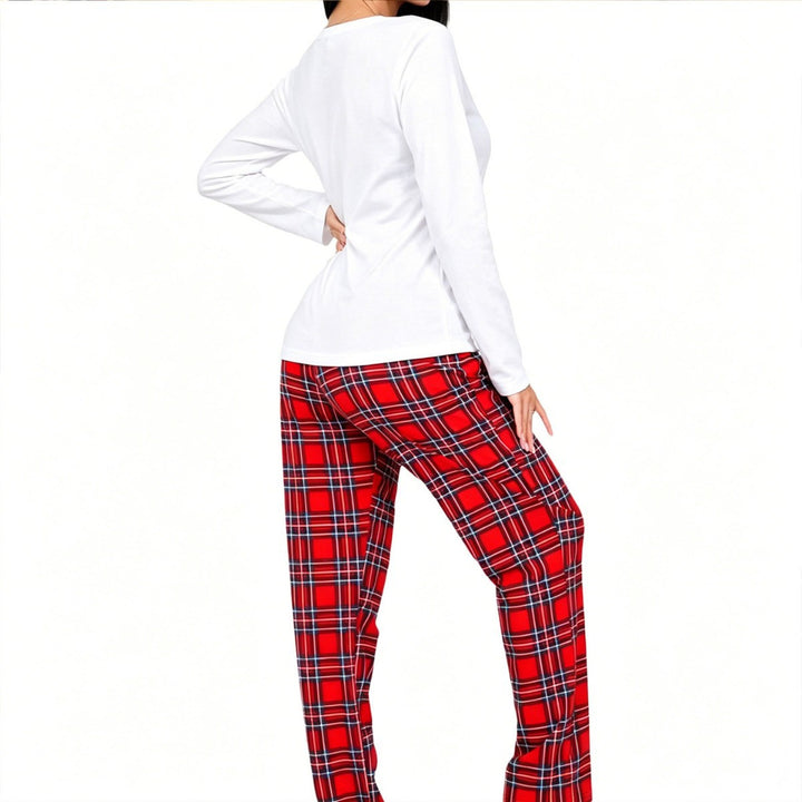 Women’s Pajama Set, Long Sleeve, Checkered Pants, Christmas Motif