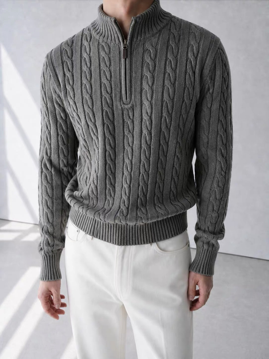 Men's Knit Sweater, Stand Collar with Zipper, Cable Pattern