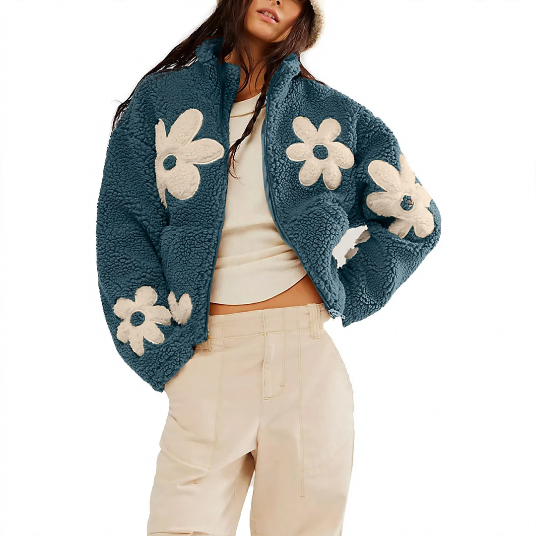 Faux fur cardigan with floral embroidery