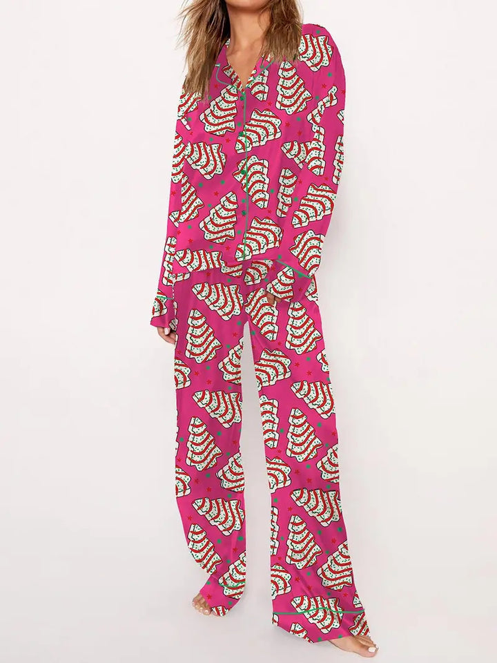 Women's pajamas with Christmas tree print, long sleeve