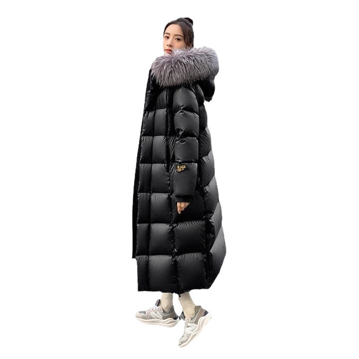 Long women's down coat with fox fur collar