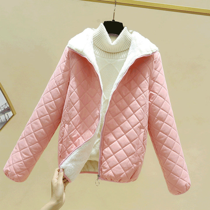 Light women's padded jacket with lambskin look and stand-up collar