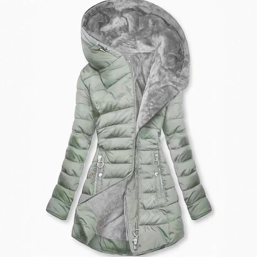 Women's quilted coat, tailored, with hood, mid-length