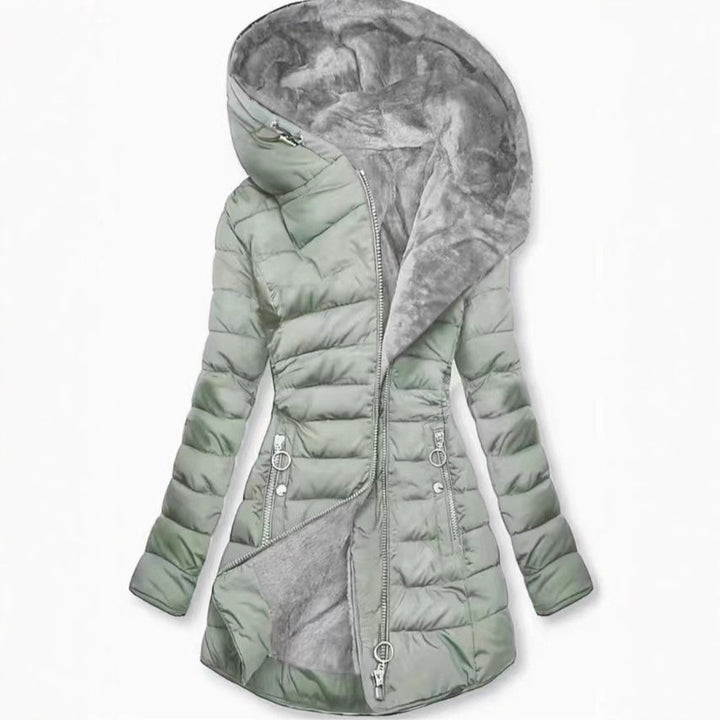 Women's quilted coat, tailored, with hood, mid-length