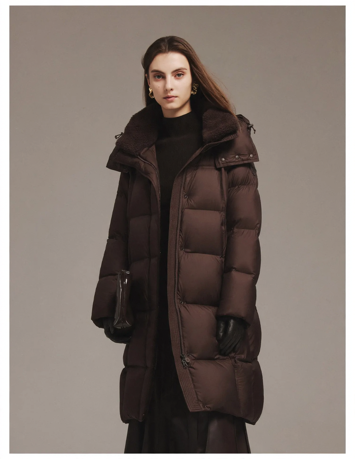 Women’s down coat, mid-length, with lamb fur collar
