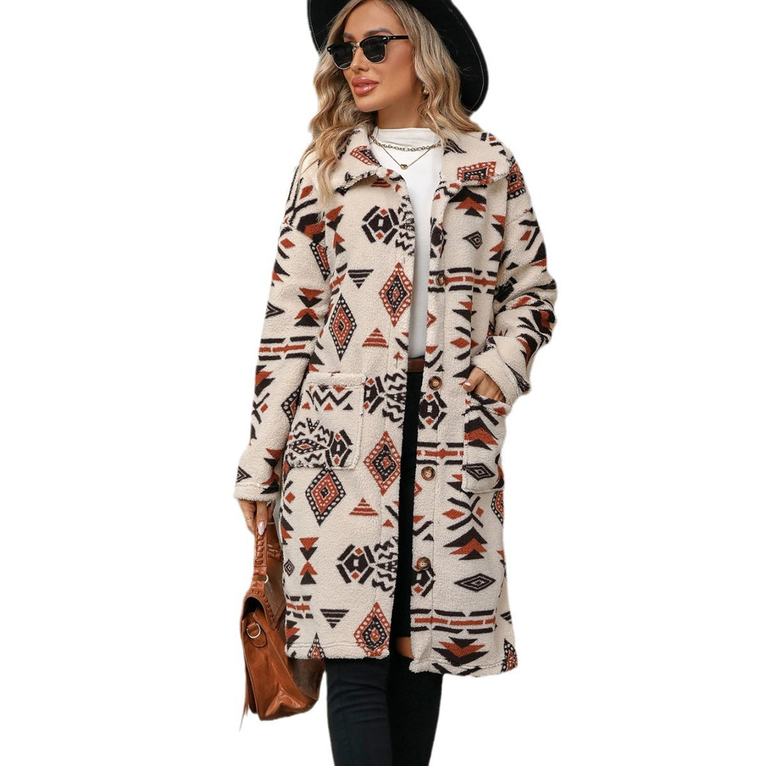 Women's coat with ethnic print, long, buttoned