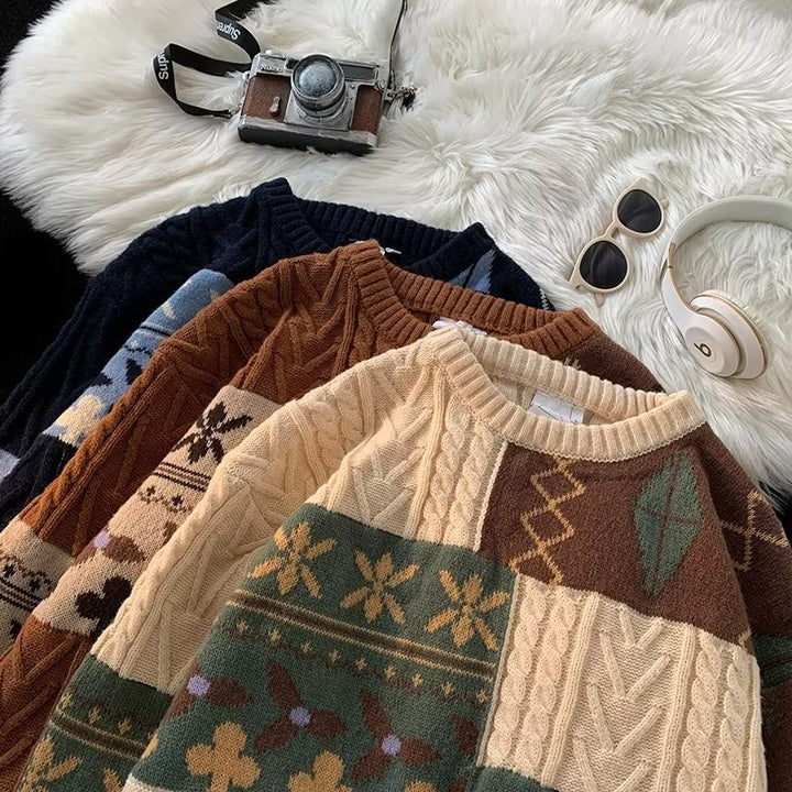Retro knit sweater with contrast pattern