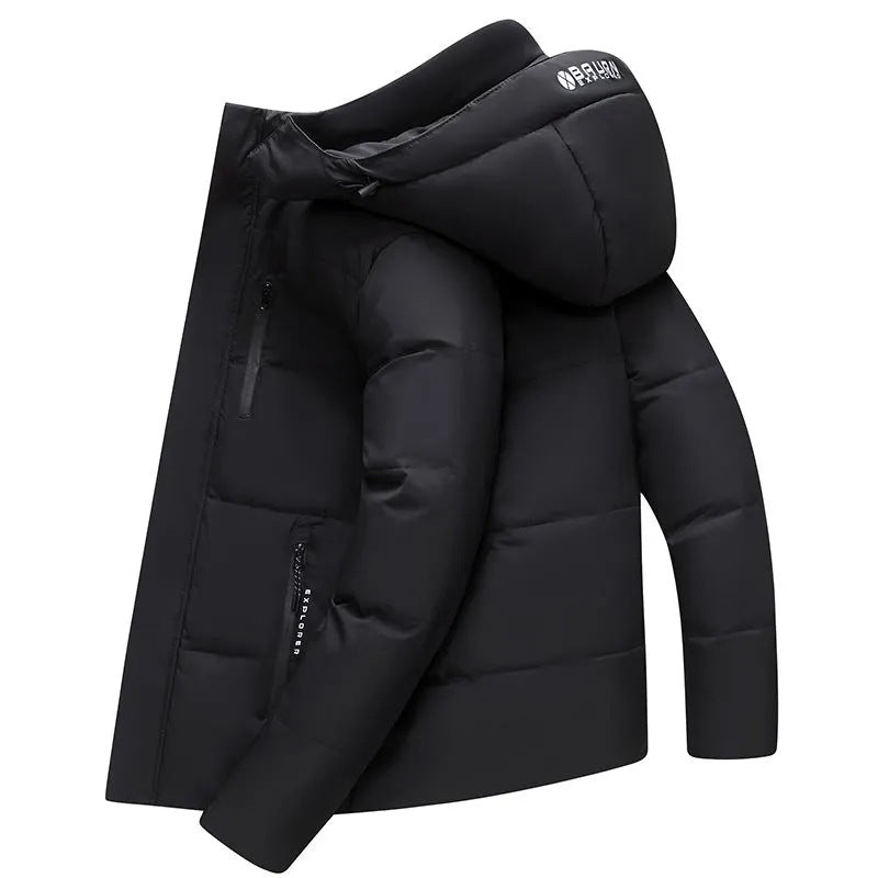 Short men's down jacket with detachable hood