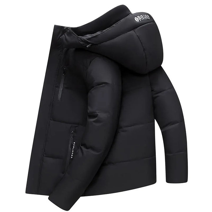 Short men's down jacket with removable hood
