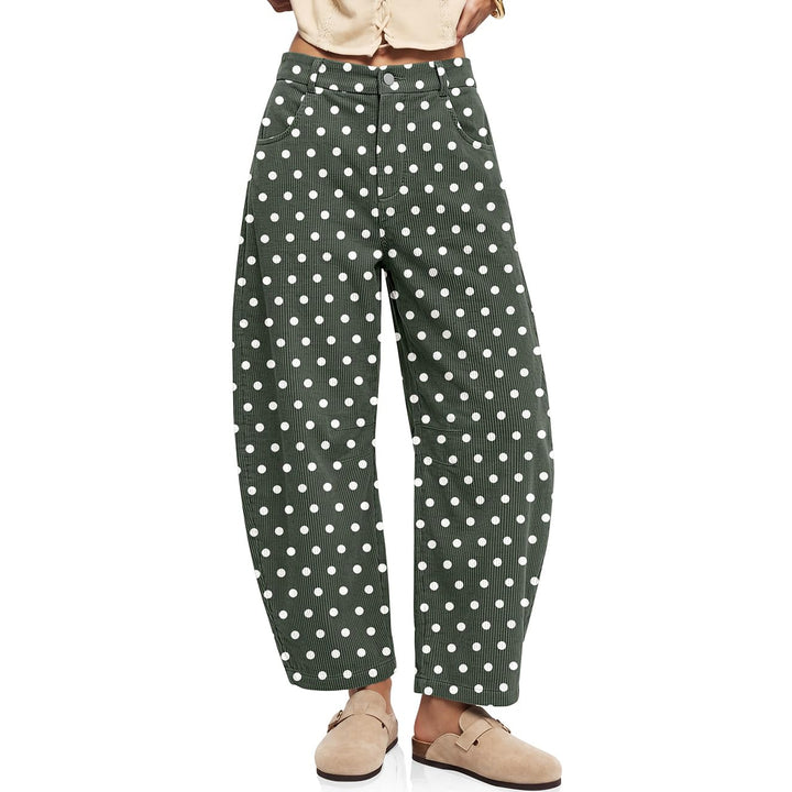 Cord pants with elastic waistband and polka dot pattern