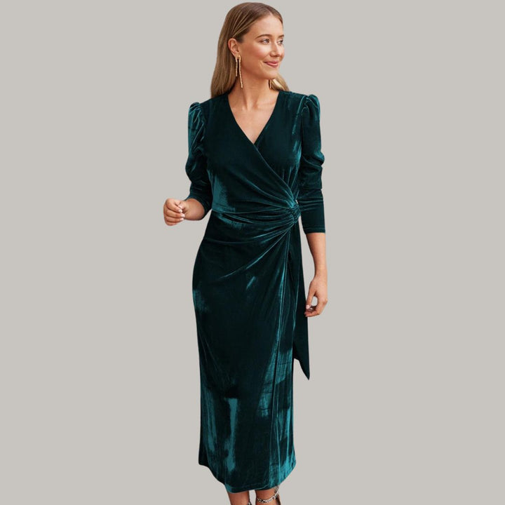 Mune | Long Midi Dress Wrap-Type of Velours with Puff Sleeves