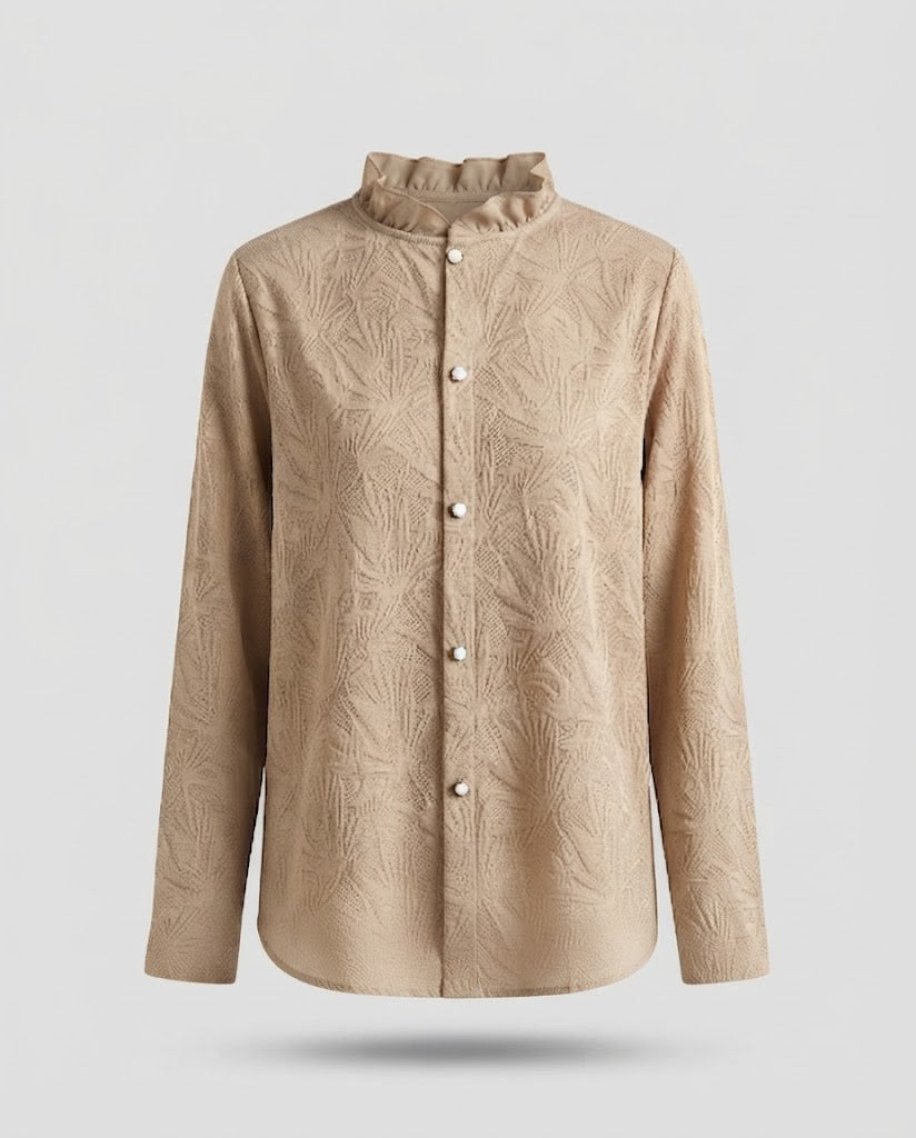 Women Elegant structured long sleeve blouse with ruffled stand-up collar and pearl button placket Mune Fashion