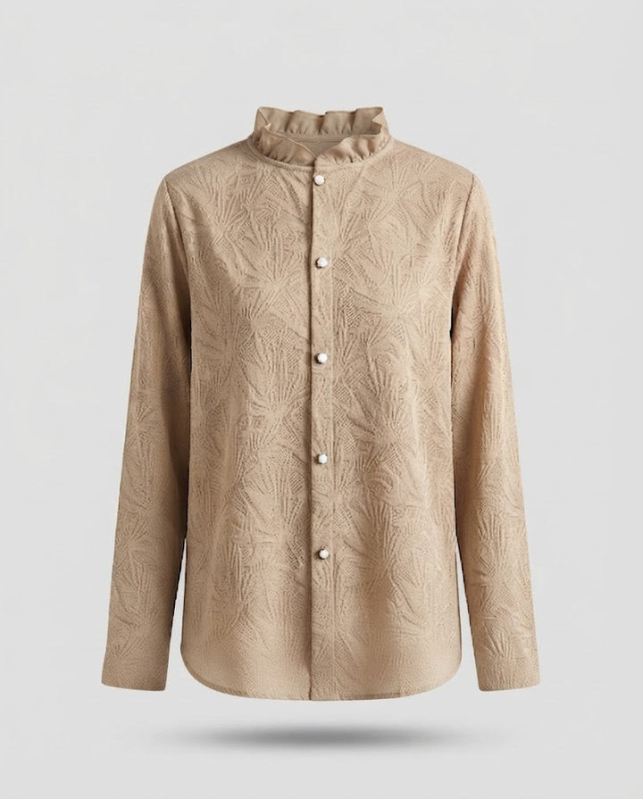 Women Elegant structured long sleeve blouse with ruffled stand-up collar and pearl button placket Mune Fashion