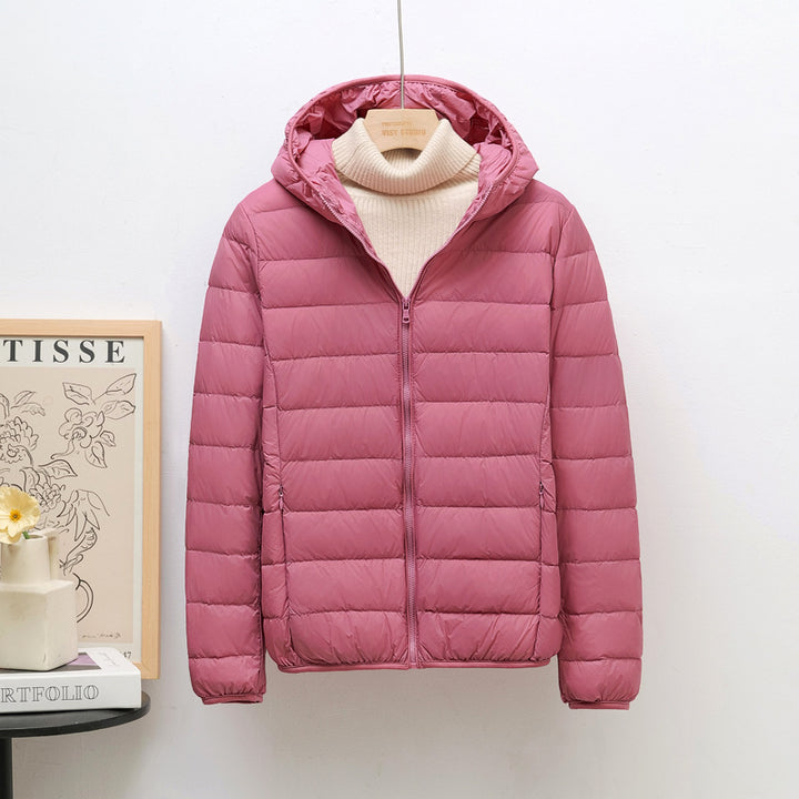 Light women's down jacket, hood, short fit