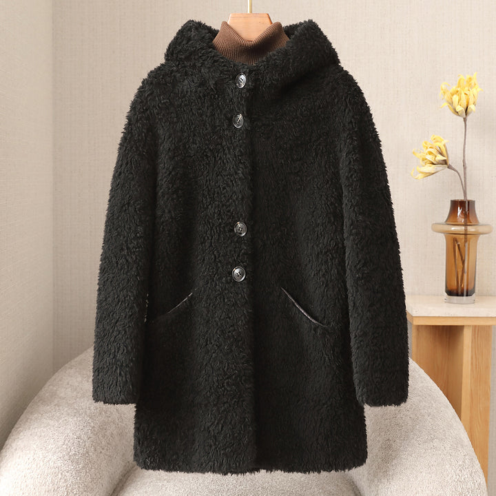 Women's shearling coat, medium-length, with hood and button placket