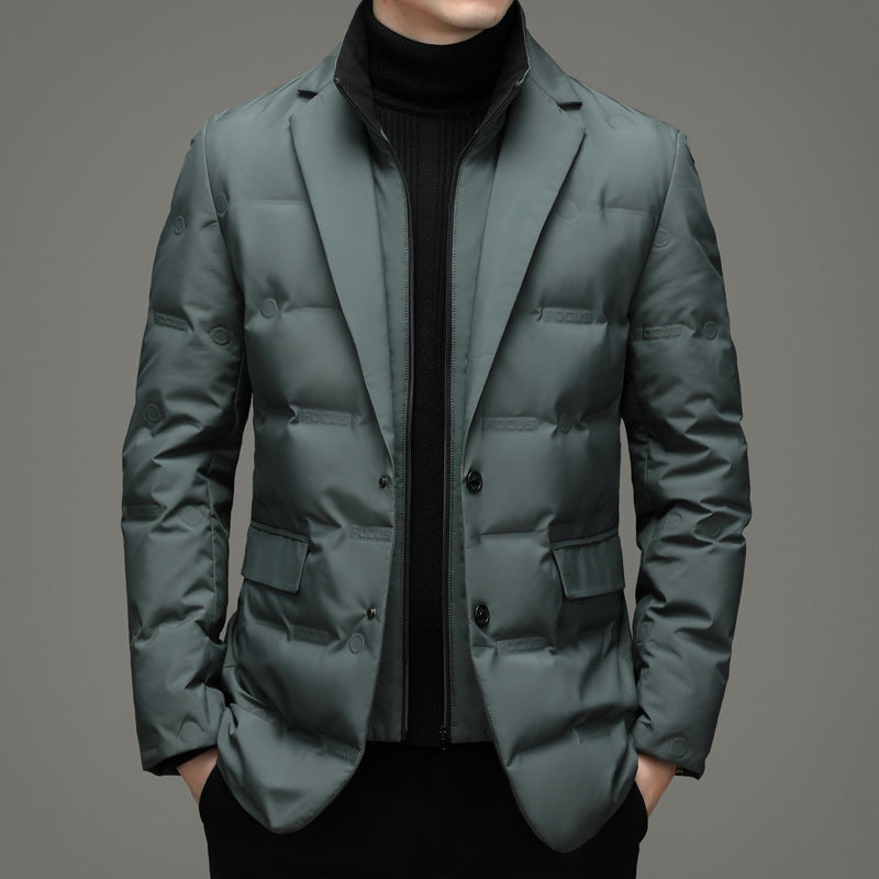 Men's down jacket, blazer style, detachable stand collar