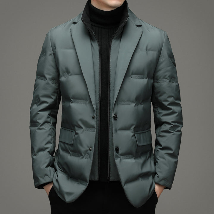 Men's down jacket, blazer style, detachable stand collar