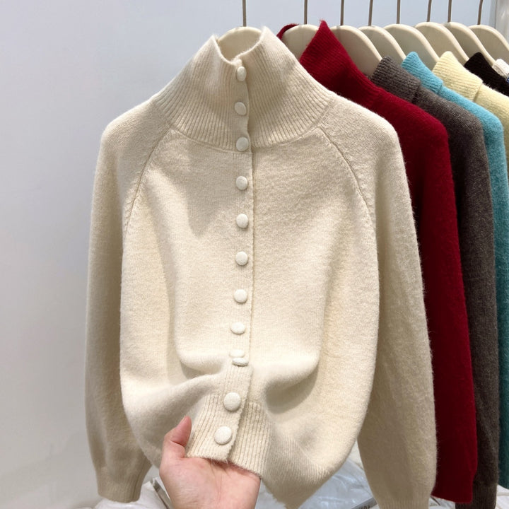 Ladies' cardigan with standing collar and button placket