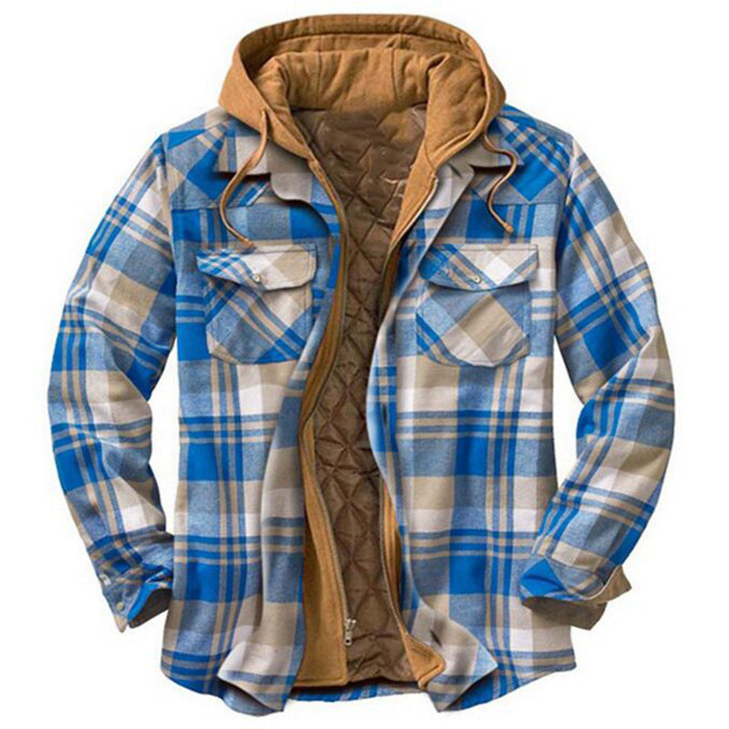 Men's shirt jacket, padded, checkered, with hood